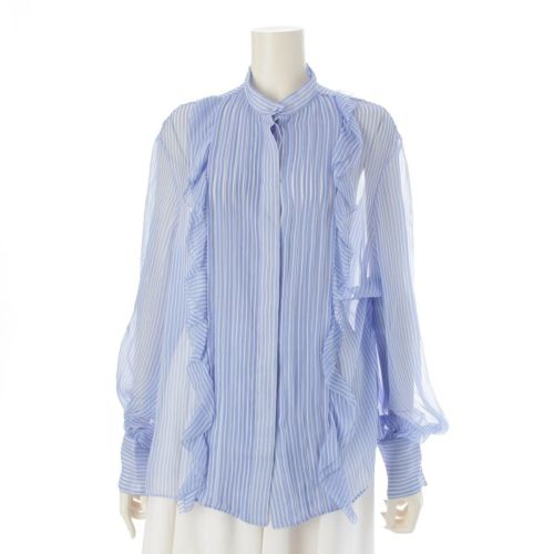 ヴァレンティノ 23AW シルク ストライプ ボタンアップ シアー フリル ブラウス ノーカラー シャツ トップス 3B3AB57683E ホワイト ブルー 38