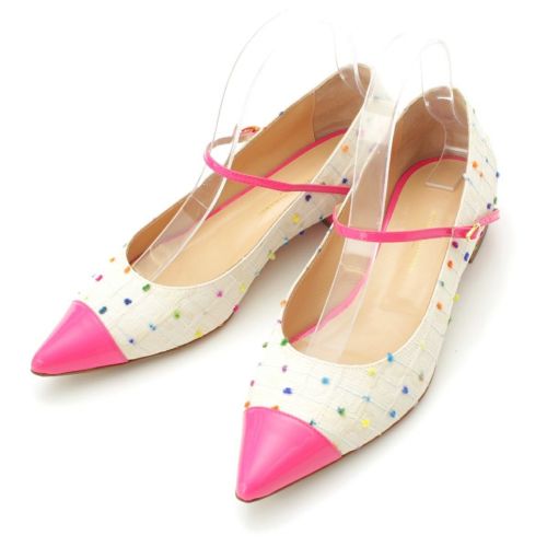 ジェニファーチャマンディ ツイード パテント 切替 ポインティッドトゥ ストラップ フラット パンプス シューズ マルチカラー 39