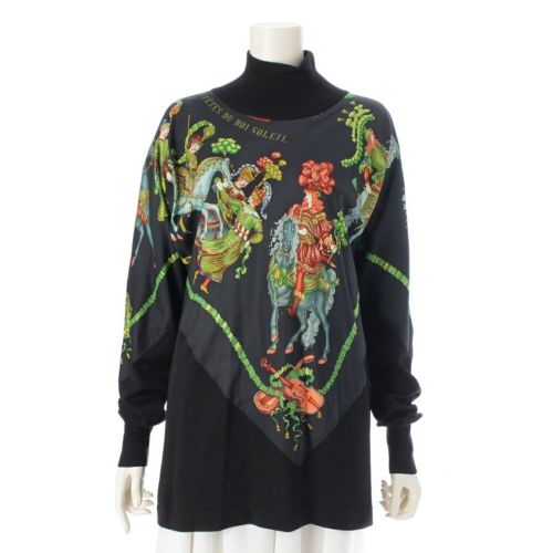 エルメス シルク LES FETES DU ROI SOLEIL ヴィンテージ ハイネック 切り替え ニット トップス ブラック 36