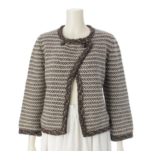 シャネル 07A カシミヤ ウール ツイード ニット ノーカラージャケット カーディガン P31827 ブラウン 40