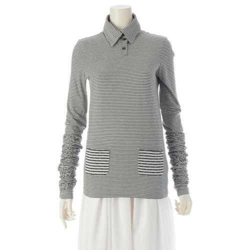 シャネル 05A コットン アンゴラ カシミヤ混 カメリアブローチ付き ボーダー ニット トップス P26596 ブラック×ホワイト 38