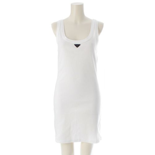 プラダ コットン トライアングルロゴ ノースリーブ リブニット ジャージー ワンピース 33560C ホワイト 38