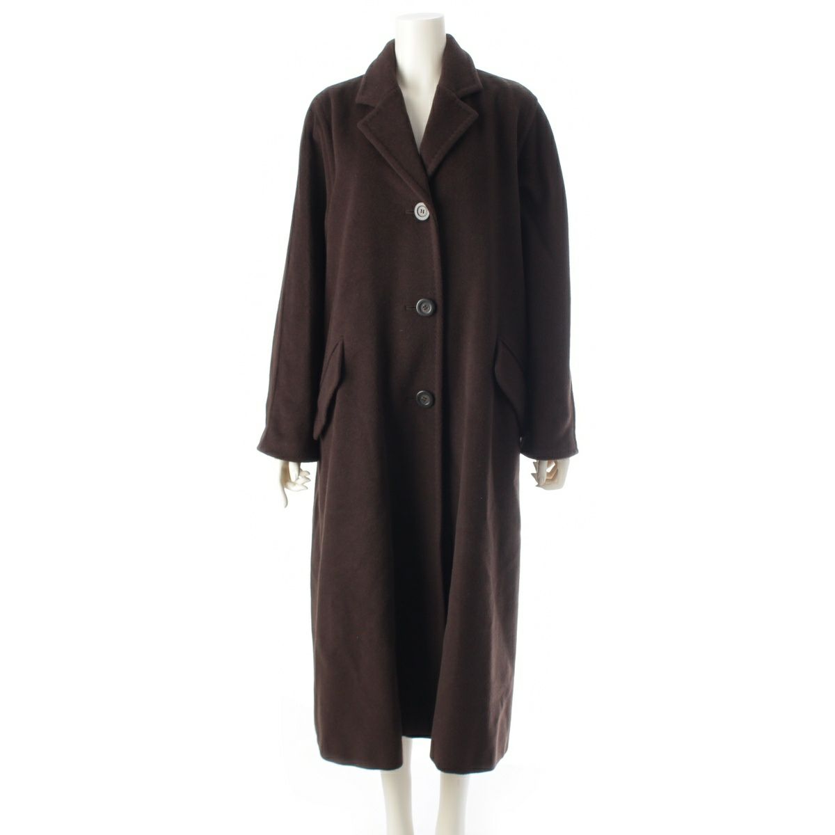 美品 Max Mara ロングコート カシミヤ混 ダークブラウン M相当 美品△Max Mara マックスマーラ ウール カシミヤ 裏地ロゴ総柄