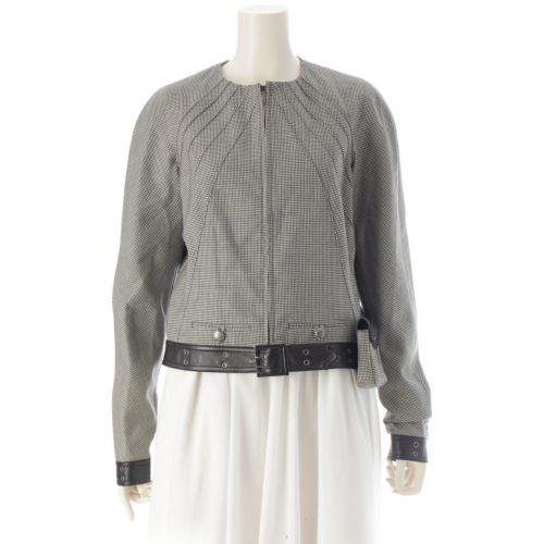 ディオール 2002AW ラム レザー×ウール ガリアーノ期 ノーカラー 千鳥格子 テーラードジャケット 2A12022180 ブラック系 F40