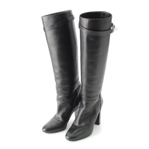 エルメス STORY ストーリー レザー ケリー金具 ヒール ロング ブーツ ブラック×シルバー 36