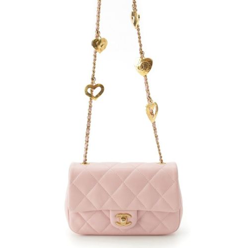 シャネル ラムスキン ミニマトラッセ ランダム番台 ココマーク ハートチャーム チェーン ショルダーバッグ AS3456 ピンク
