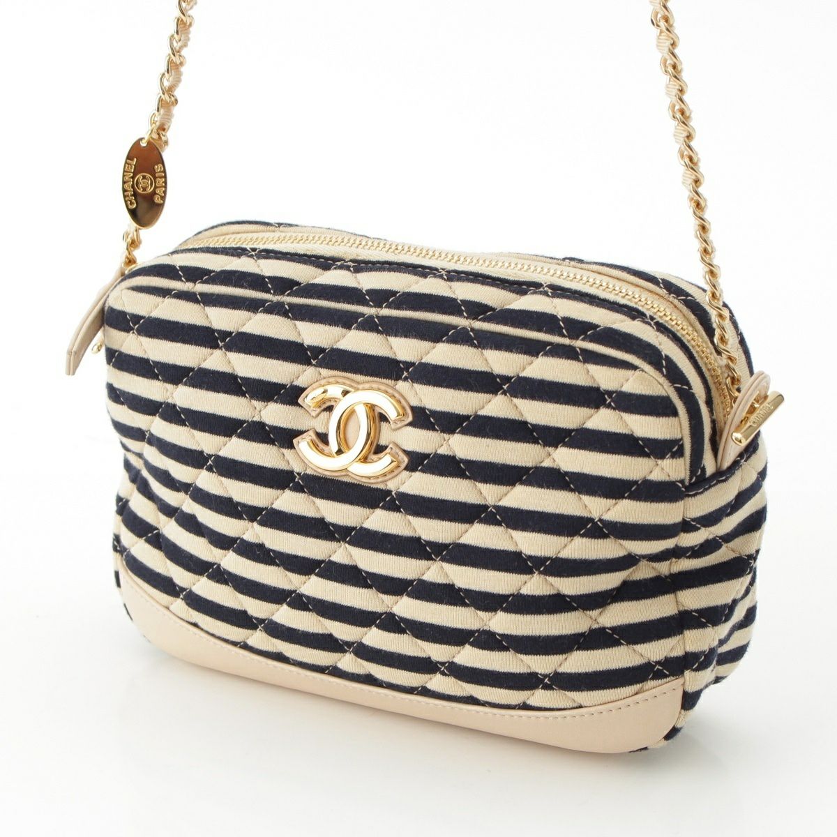 ★CHANEL★ ブランケット ココマーク ノベルティ 非売品 ベージュ ポーチ シャネル コットン 18番台 ココマーク ボーダー チェーン