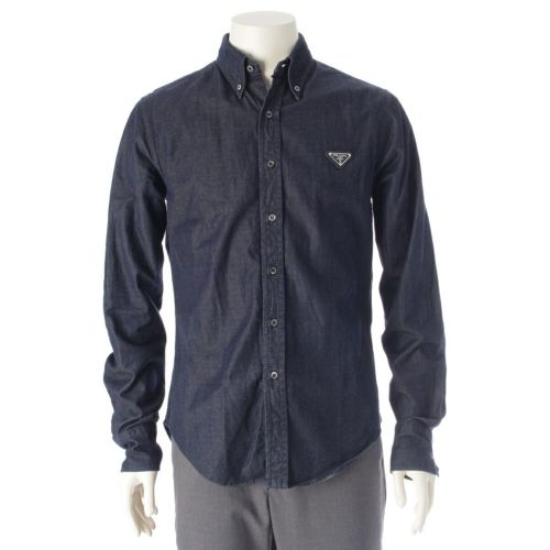プラダ コットン トライアングル ロゴ デニム 長袖シャツ トップス インディゴ 38