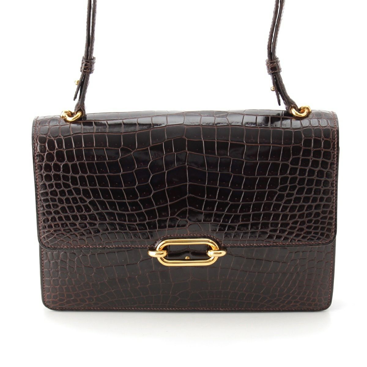 エルメス フォンズベル クロコ ゴールド金具 ショルダーバッグ ブラウン