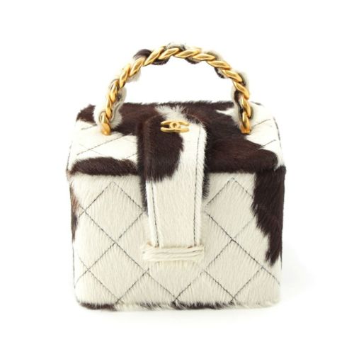 シャネル 95AW ハラコ ヴィンテージ ココマーク スクエア ミニ ハンドル バニティバッグ ブラウン ホワイト