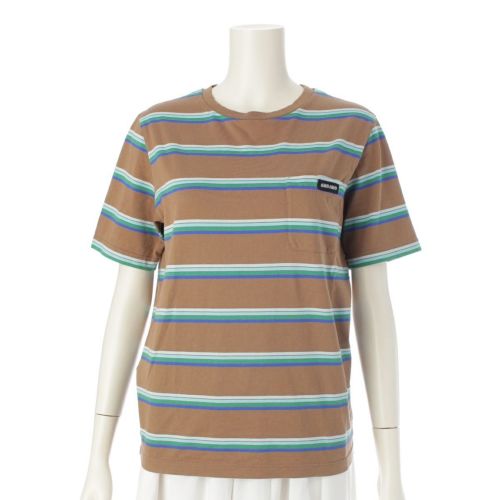 ミュウミュウ ロゴパッチ 胸ポケット ダメージ加工ネック ボーダー 半袖Ｔシャツ ブラウン M