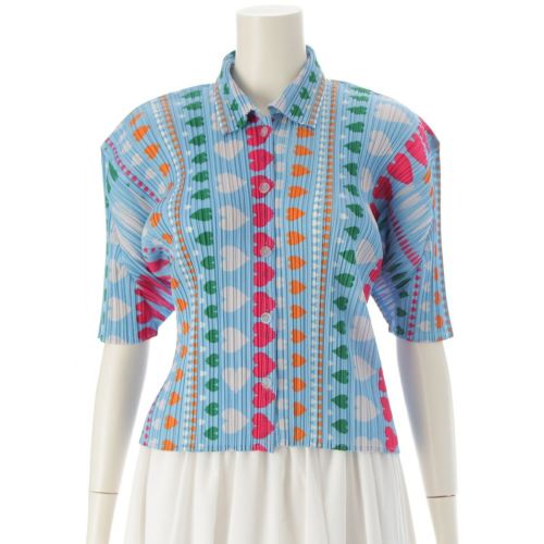 プリーツプリーズ イッセイミヤケ ハート柄 プリーツ ブラウス シャツ トップス ブルー 3