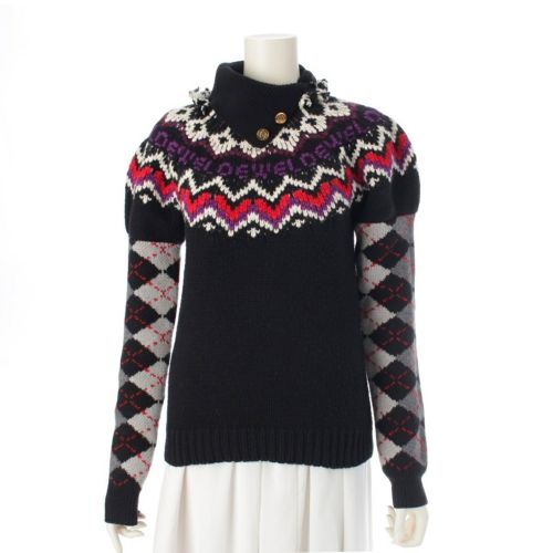 ロエベ ウール×シルク ロゴ アナグラムボタン ニット セーター トップス D3279060SM ブラック S