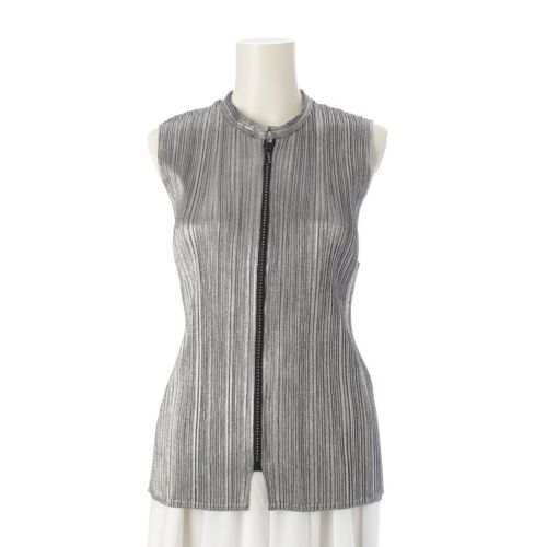 プリーツプリーズ イッセイミヤケ スワロフスキー ジップアップ ベスト トップス PP78JE485 シルバー メタリック 3