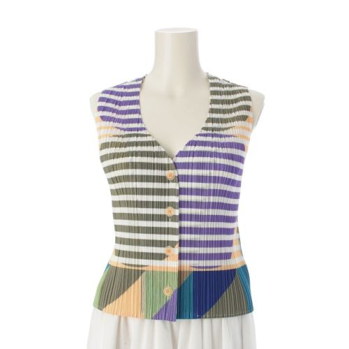 プリーツプリーズ イッセイミヤケ 曇柄 フリンジ ジレ ベスト PP71-JE571 ブルー F