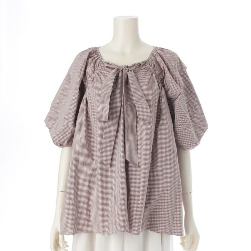 セシリーバンセン 24年 コットン READY TO WEAR PALOMA TOPS パロマ パフスリーブ ギンガムチェック 半袖シャツ トップス ホワイト ブラウン UK8 US4