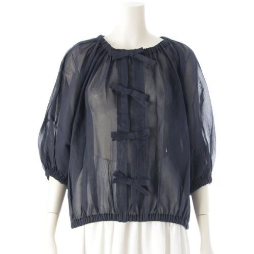 ティーマットマサキパリ コットン ドゥロワー別注 フロントリボン バルーンスリーブ シアー ブラウス トップス ネイビー 1