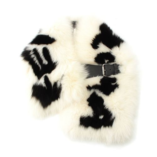 フェンディ フォックスファー レザー ロゴ ティペット マフラー FNL121 ホワイト×ブラック