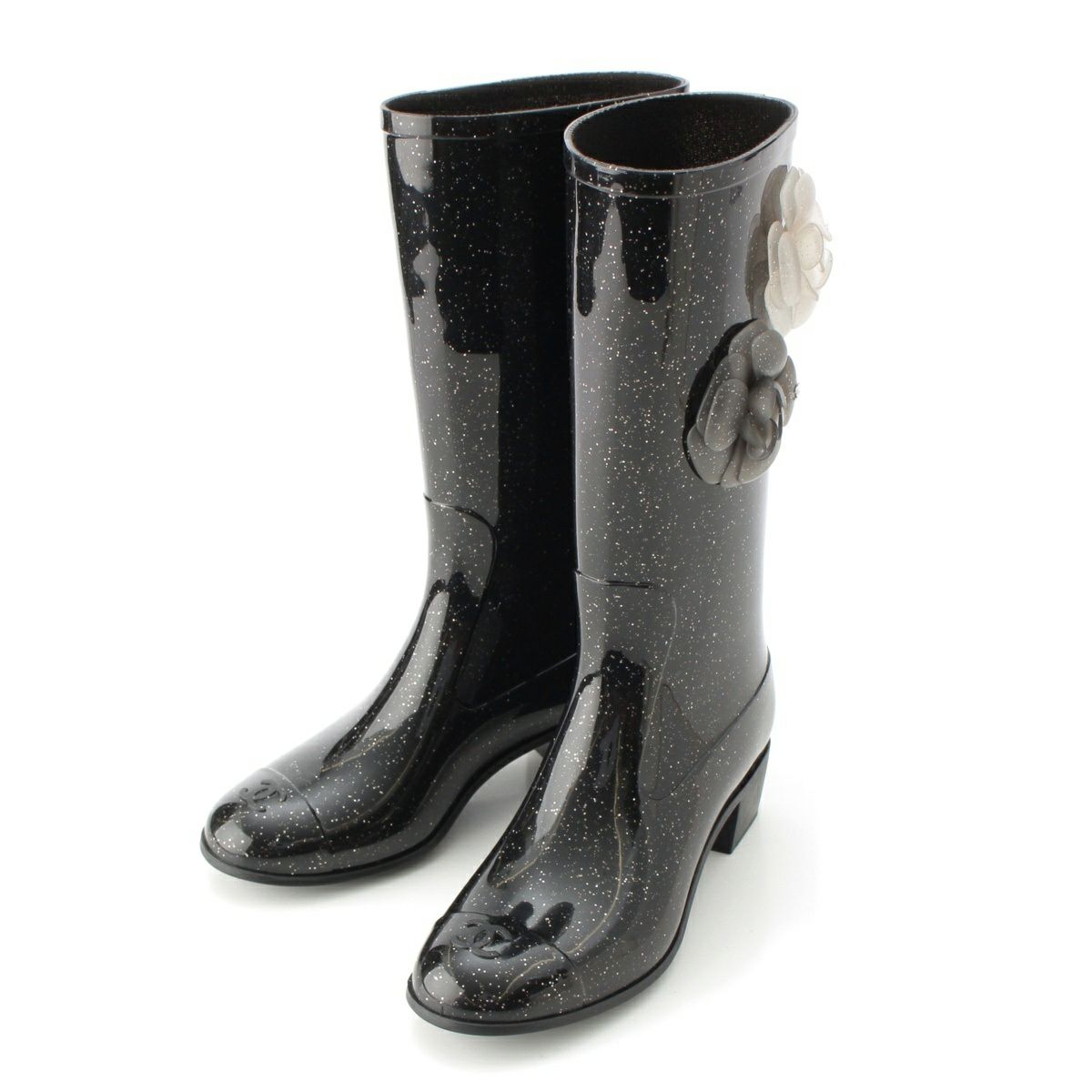 CHANEL レインブーツ　希少シルバーラメ入りカメリア37 極美品 CHANEL レインブーツ 希少シルバーラメ入りカメリア37 極美品