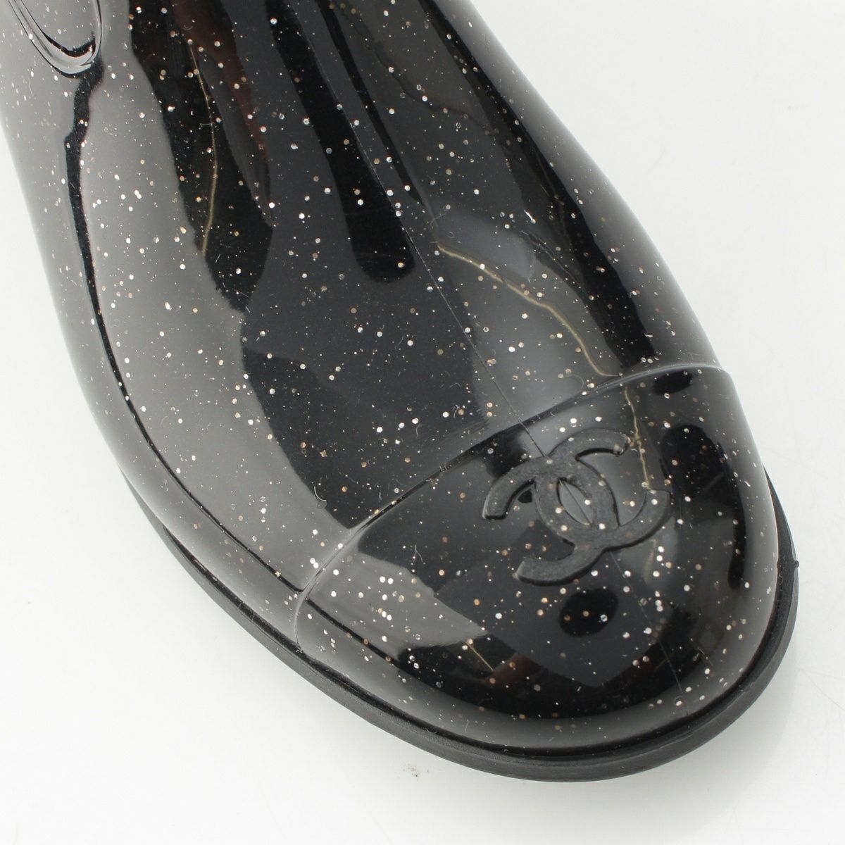 シャネル ラバー カメリア ラメ レインシューズ ブーツ ブラック 36