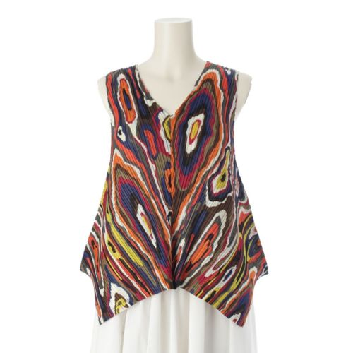 プリーツプリーズ イッセイミヤケ 19SS BOUNCE SHIRT 斜めプリーツ 平面 木目 抽象柄 トップス ノースリーブ カットソー PP91-JK721 マルチカラー 3