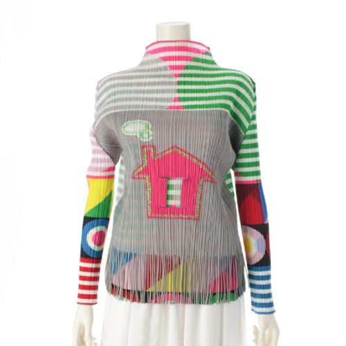 プリーツプリーズ イッセイミヤケ フリンジ 家柄 変形 ボトルネック 長袖 カットソー トップス PP71-JK573 マルチカラー 3