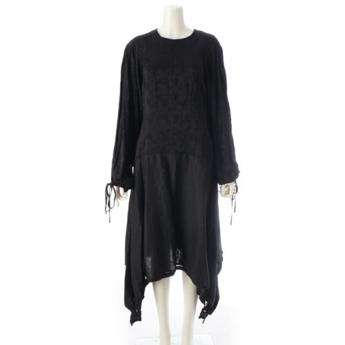 ロエベ ビスコース レーヨン リネン 切り替え リボン ワンピース 長袖 ロング ブラック 36