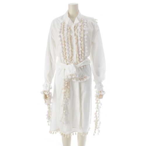 ロエベ タッセル ポンポン付き ウエストリボン ロング シャツ ワンピース ドレス ホワイト 36
