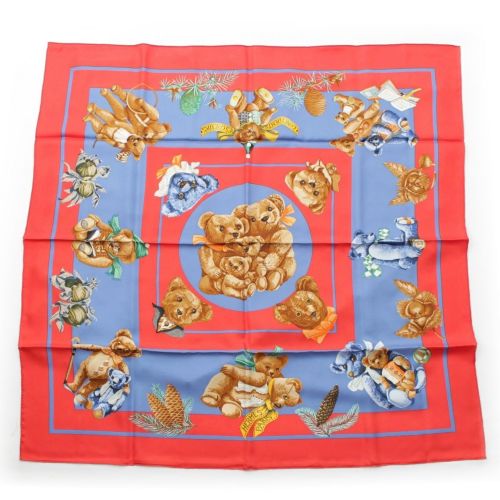 エルメス カレ90 CONFIDENTS DESCOEURS 心の友 シルク 熊 スカーフ レッド