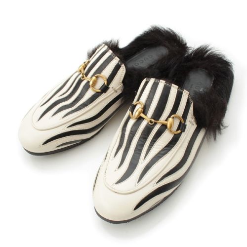 グッチ レザー プリンスタウン ホースビット ゼブラストライプ ミュール サンダル ブラック ホワイト 35