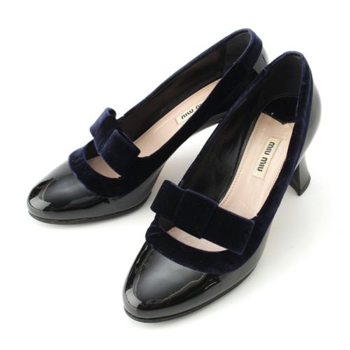 ミュウミュウ ベロア パテント 切替 リボン ヒール パンプス ブラック×ブルー 36