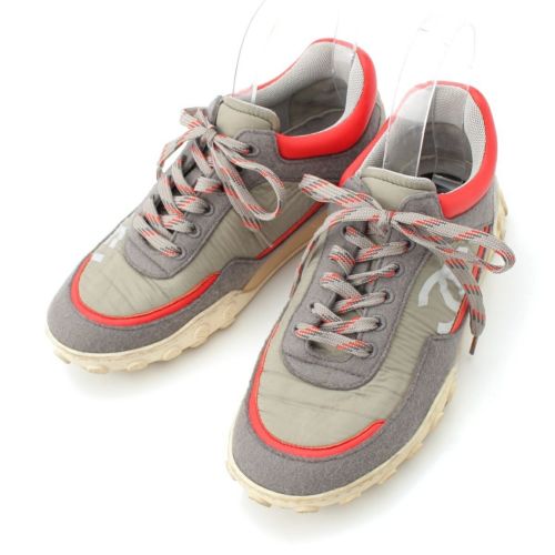 シャネル レザー×ファブリック ココマーク スニーカー シューズ G34086 グレー レッド 37