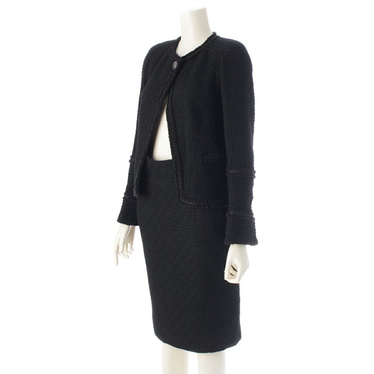 シャネル ウール シルク ココマーク ノーカラー スカートセットアップ  