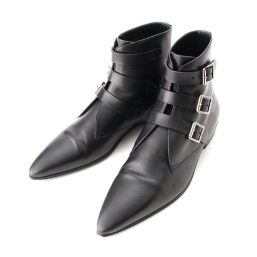 サンローラン 22SS レザー シルバー金具 三連ベルト ポインテッドトゥ ブーツ ヒール シューズ 686687 ブラック 39