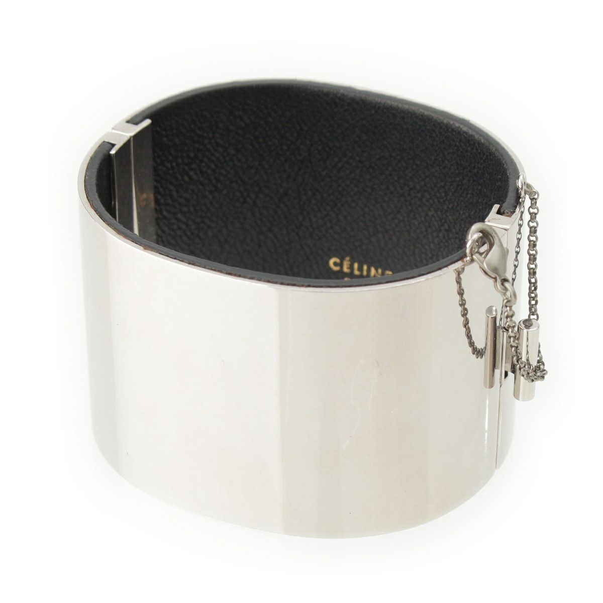 セリーヌ マンシェット レザー ワイド ブレスレット シルバー M【】