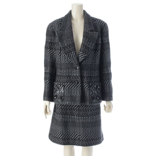 シャネル 00A ウール ツイード ジャケット スカートセットアップ P16214 P15932 ネイビー 46 42