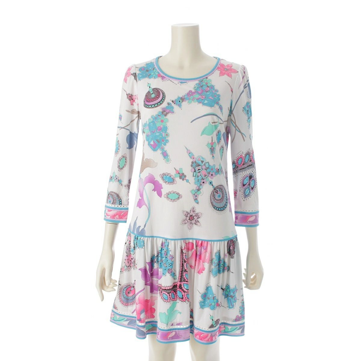 レオナール カンカン フラワー 花柄 宝石 総柄 長袖 ワンピース ドレス  