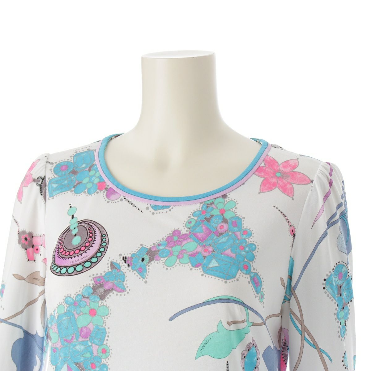 レオナール カンカン フラワー 花柄 宝石 総柄 長袖 ワンピース ドレス  