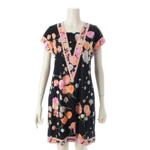 レオナール コットン フラワー 花柄 総柄 ワンピース ドレス ブラック M