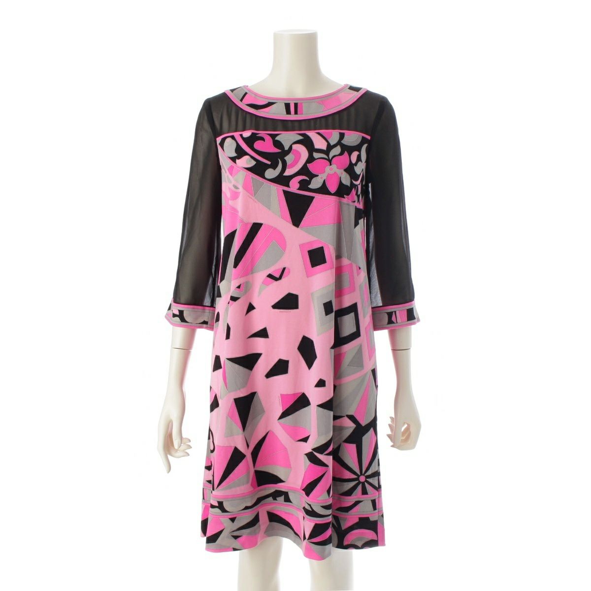 レオナール カンカン シースルー 切替 総柄 ワンピース ドレス 0160224  