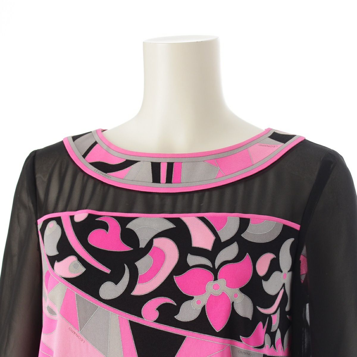 レオナール カンカン シースルー 切替 総柄 ワンピース ドレス 0160224  