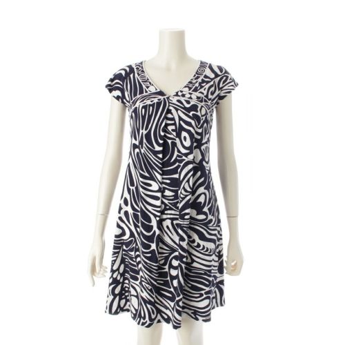 レオナール コットン 総柄 タック フレンチスリーブ ワンピース ドレス 0330801 ネイビー ホワイト 36