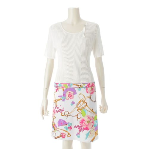 レオナールスポーツ アセテート フラワー 花柄 切替 ニット ワンピース ドレス 0589519 ホワイト 38