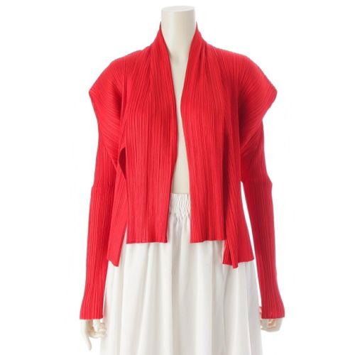 プリーツプリーズ イッセイミヤケ ストール付 ノーカラー カーディガン トップス PP14‐JA697 レッド 4
