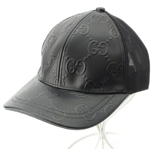 グッチ レザー GGエンボス メッシュ ベースボール キャップ 帽子 627156 ブラック L