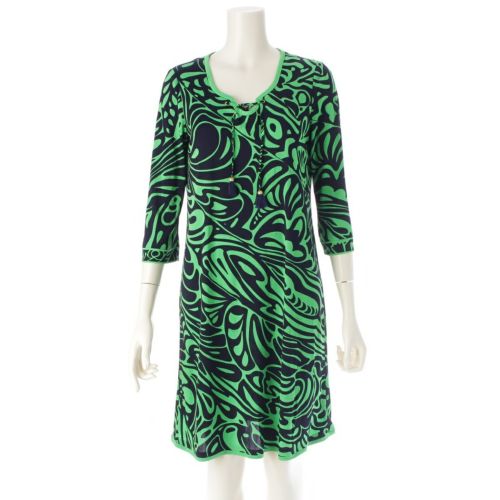 レオナール トリアセテート×ポリエステル カンカン レースアップ 植物柄 文様 総柄 タッセル ワンピース 0330242 ブラック ライトグリーン 2