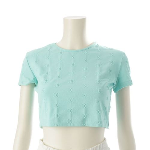 シャネル 97P ナイロン ヴィンテージ ココマーク総柄 クロップド 半袖Ｔシャツ チビT ショート丈トップス カットソー PO7794 エメラルドグリーン ブルー系 38