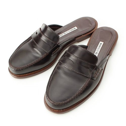 マノロブラニク Perritamu ペリタム レザー フラット ローファー ミュール サンダル シューズ ブラウン 34