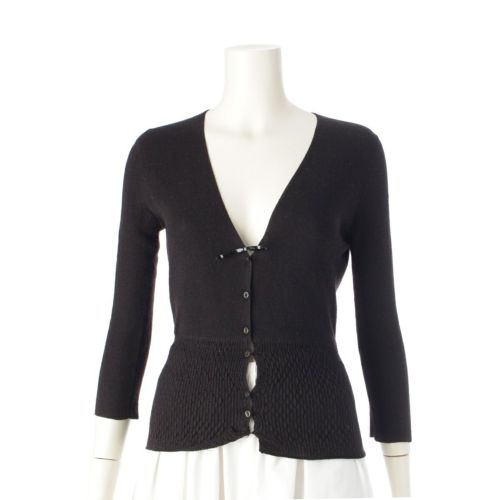 プラダ カシミヤ シルク アーカイブ リボンデザイン Vネック 長袖 カーディガン トップス ブラック 46