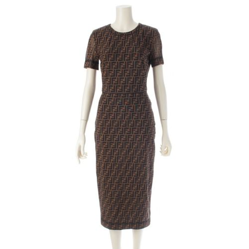 フェンディ 19年 ナイロン ズッカ柄 半袖 クルーネック ロング ワンピース ブラウン 38